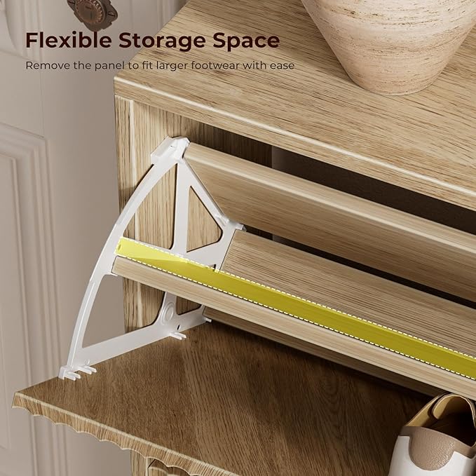 Evermagin 31.5''W Oak Shoe Cabinet Storage for Entryway, Fluted Slim Shoe Dresser with 2 Flip Drawers, Narrow Shoe Rack Cabinet, Hidden Shoe Organizer Cabinet for Entrance, Hallway