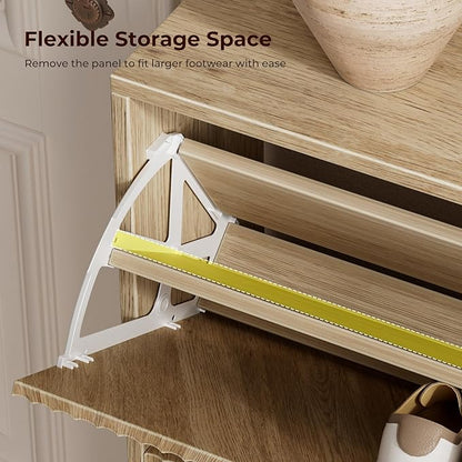 Evermagin 31.5''W Oak Shoe Cabinet Storage for Entryway, Fluted Slim Shoe Dresser with 2 Flip Drawers, Narrow Shoe Rack Cabinet, Hidden Shoe Organizer Cabinet for Entrance, Hallway