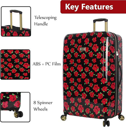 Betsey Johnson Designer Luggage Collection - Expandable 3 Piece Hardside Lightweight Spinner Suitcase Set - Travel Set includes 20-Inch Carry On, 26 inch and 30-Inch Checked Suitcase (Covered Roses)