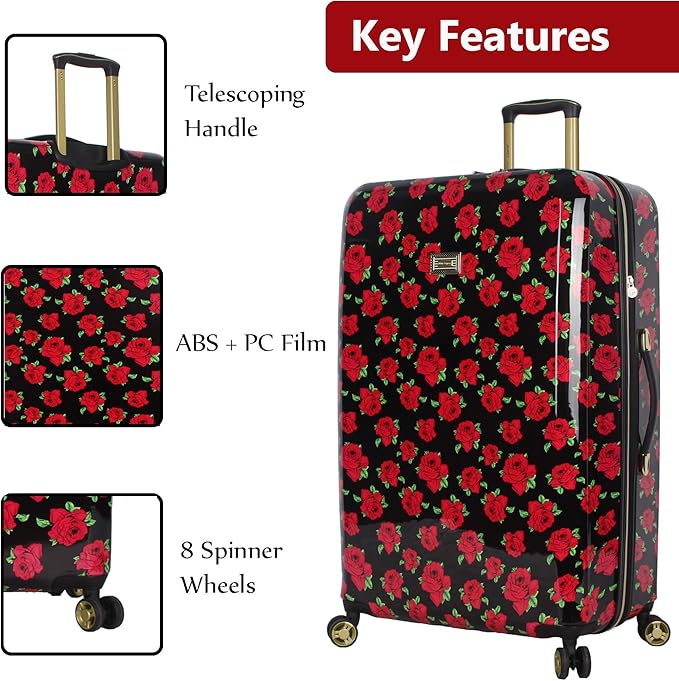 Betsey Johnson 30 Inch Checked Luggage Collection - Expandable Scratch Resistant (ABS + PC) Hardside Suitcase - Designer Lightweight Bag with 8-Rolling Spinner Wheels