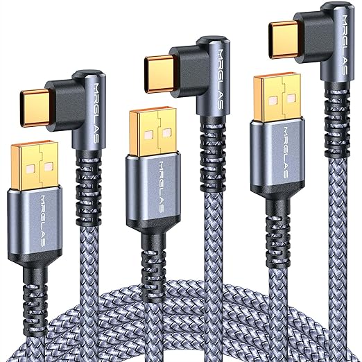 MRGLAS USB C Charger Cable 3.2A, [3-Pack,10+6.6+3.3FT] Type C Charger Fast Charge Cable Right Angle [90°& Gold-Plated] Durable Braided USB A to USB C Cord for iPhone 16 15 Samsung S10 S9 Note 8 S21 LG