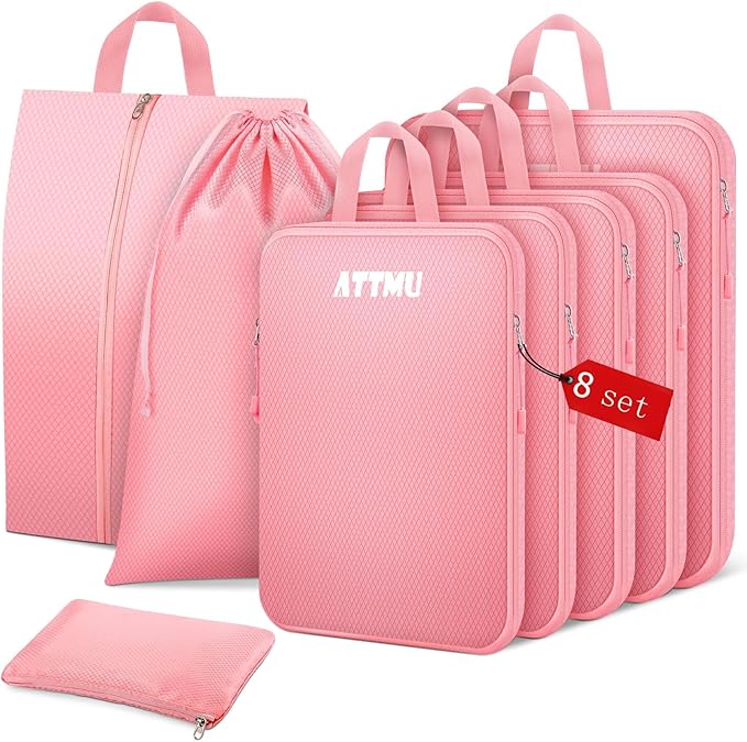 8 Set Compression Packing Cubes for Travel, Expandable Compression Cubes for Suitcases, Lightweight Suitcase Organizer with Shoes & Laundry Bags, Travel Accessories for Men Women
