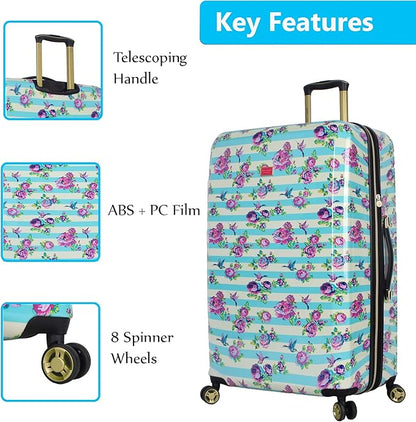 Betsey Johnson Luggage Hardside 3 Piece Set Suitcase With Spinner Wheels (20" 26" 30") (One Size, Flamingo Strut)… (Stripe Floral Hummingbird)