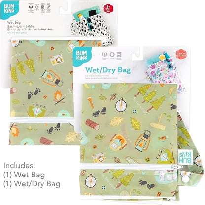 Bumkins - Waterproof Wet and Wetdry Bags - For Beach, Baby, Travel, Swim Suit, Cloth Diapers, Pump Parts, Pool, Gym, Toiletries - Reusable & Easy to Clean - Camp Gear Green - 2 Pack