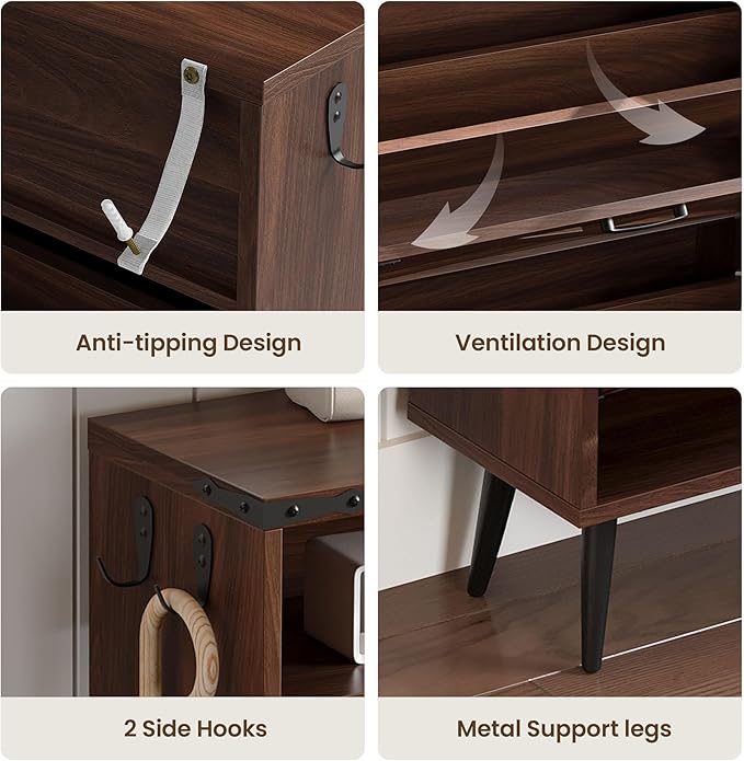 Shoe Storage Cabinet with 4 Flip Drawers Narrow Shoe Rack Cabinet Farmhouse Design Freestanding Shoe Organizer with Open Storage for Entryway,Hallway,Foyer,Walnut