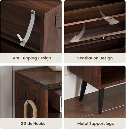 Shoe Storage Cabinet with 4 Flip Drawers Narrow Shoe Rack Cabinet Farmhouse Design Freestanding Shoe Organizer with Open Storage for Entryway,Hallway,Foyer,Walnut
