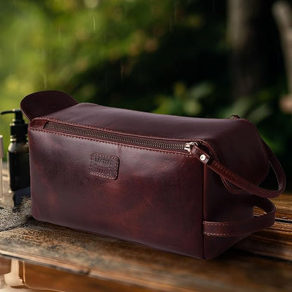 LEATHER VILLAGE Premium Leather Travel Toiletry Bag - Water-Resistant Dopp Kit for Toiletries, Large Shaving Bag & Bathroom Organizer - Gift for Men & Women - Cherry Brown