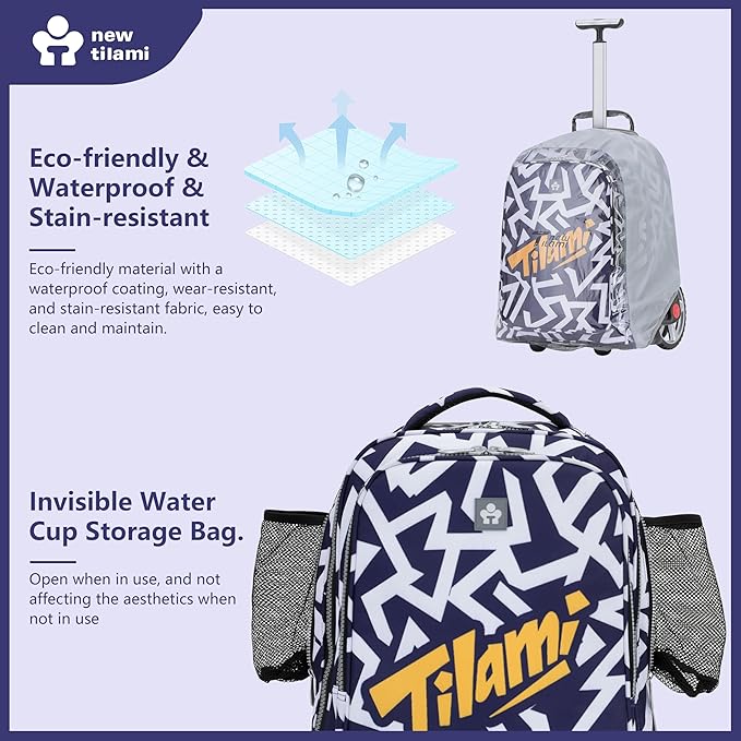 NEW TILAMI 20" Rolling Backpack for Teens Adults, Climbing Stairs Waterproof Backpack with Wheels for School Business Trave Camping with Laptop Compartment, Fit 17 Inch Laptop, Blue - White Doodle