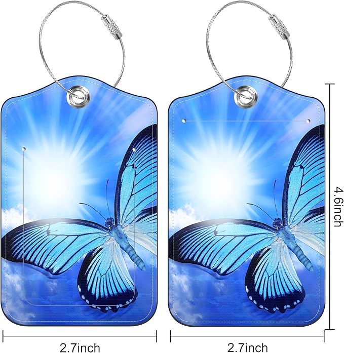 2 Pack Luggage Tags Blue Butterfly PU Leather Baggage Tag with Privacy Cover Stainless Steel Loop and Name ID Card for Men Women Travel Bag Luggage Accessories, 4.6 x 2.7 inch