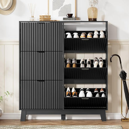 Shoe Cabinet Storage for Entryway with 6 Flip Drawers, Fluted Narrow Shoe Organizer with Wooden Legs, Freestanding Slim Shoe Storage Hidden Shoe Rack Organizer for Front Door Entrance, Black