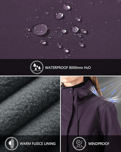 Outdoor Ventures Women's Lightweight Waterproof Fleece Lined Hooded Softshell Rain Jacket, Warm Windbreaker Long Coat