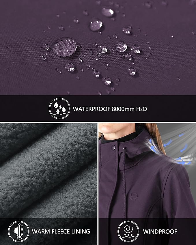 Outdoor Ventures Women's Lightweight Waterproof Fleece Lined Hooded Softshell Rain Jacket, Warm Windbreaker Long Coat