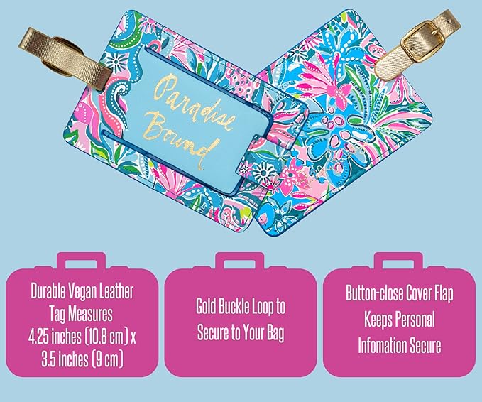 Lilly Pulitzer Leatherette Luggage Tag with Secure Strap, Colorful Suitcase Identifier for Travel
