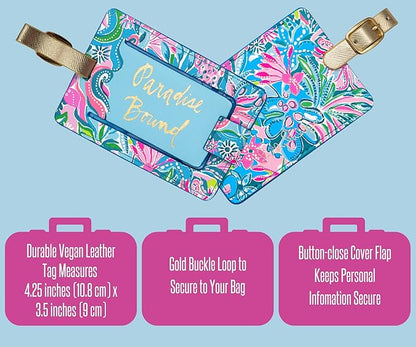 Lilly Pulitzer Leatherette Luggage Tag with Secure Strap, Colorful Suitcase Identifier for Travel