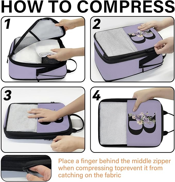 Custom Name 6 Set Compression Packing Cubes for Travel Accessories Customized Expandable Packing Organizers Personalized Carry On Essentials Luggage Bags, Lavender