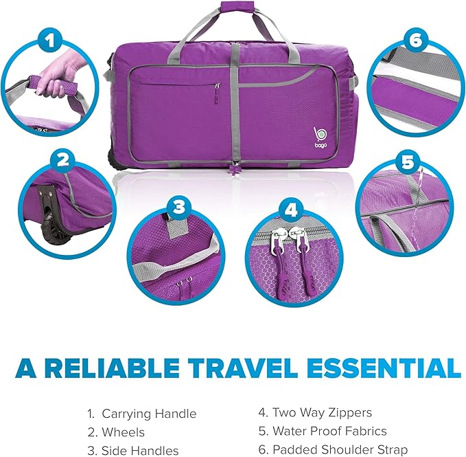 Bago Rolling Duffle Bag with Wheels - 30" 100L Foldable Weekender Bag, Waterproof Travel Duffel Bag, Heavy Duty lightWeight Duffle Bag for Traveling, Rolling Duffel Bag with Wheels (Purple2023)