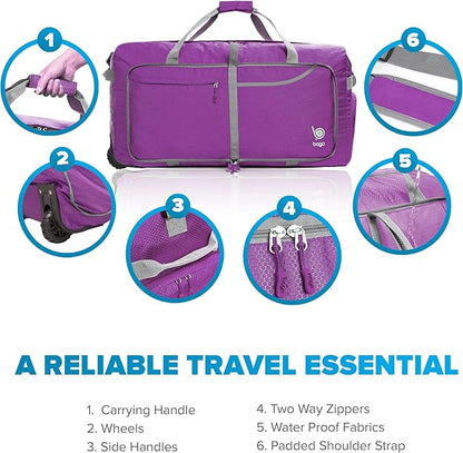 Bago Rolling Duffle Bag with Wheels - 27" 80L Foldable Weekender Bag, Waterproof Travel Duffel Bag, Heavy Duty Lightweight Duffle Bag for Traveling, Rolling Duffel Bag with Wheels (Purple2023)