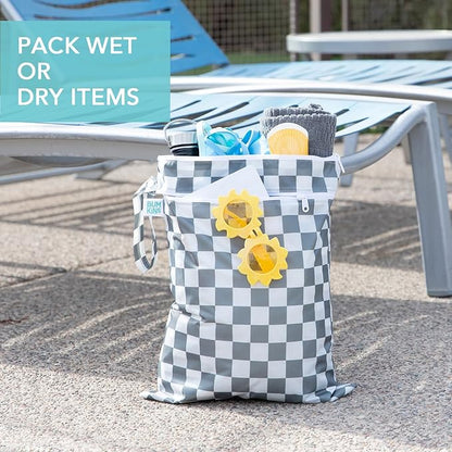 Bumkins - Waterproof Wet and Wetdry Bags - For Beach, Baby, Travel, Swim Suit, Cloth Diapers, Pump Parts, Pool, Gym, Toiletries - Reusable & Easy to Clean - Gray Check - 2 Pack