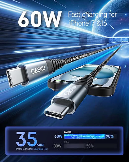 Dasku 2 Pack 6FT USBC to USBC Cable, 60W Fast Charging, Compatible with iPhone 16/15 Pro Max, Samsung Galaxy S24/S23/S22, MacBook/iPad