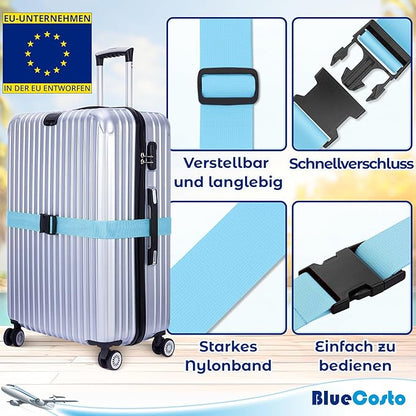 Luggage Straps for Suitcases - TSA Approved - Blue, 4 PK - Premium Nylon Belts for Suitcase, Briefcase & Travel Bag - Adjustable Strap Length 46" - 78"
