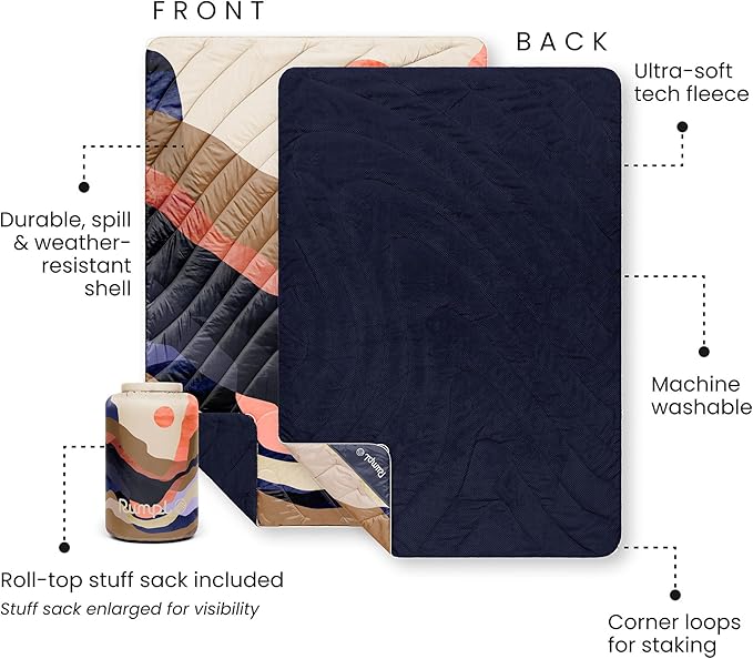 Rumpl Fleece Puffy Blanket with Fleece Liner and Weather Resistant Shell, 1-Person, Valley Dawn