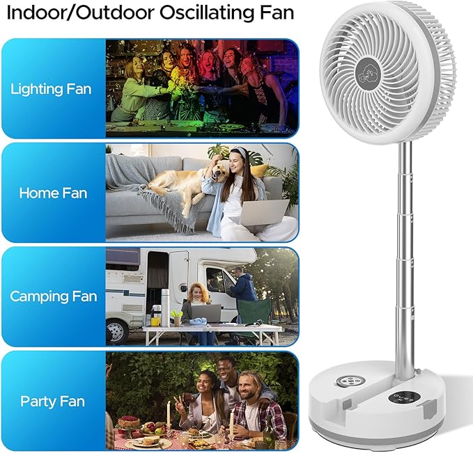 Creiv Pedestal Standing Fan, Rechargeable Oscillating with Remote/Timer, Portable RGB Lighting Fan, Floor Fan for Bedroom Party Camping (40000mAh)