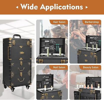 Beauty Luggage Rolling Lockable Makeup Train Case Stylist Cosmetic Luggage Travel Organizer with Hair Dryer Holder & Compartment
