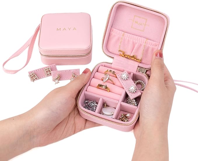Angelina's Palace Personalized Jewelry Case with Name Engraved,Custom Leather Travel Jewelry Organizer Box for Rings,Earrings,Necklaces,Birthday Bridesmaid Gift For Women