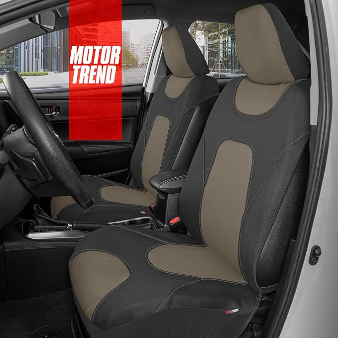 Motor Trend Waterproof Car Seat Covers Full Set – Black & Beige Seat Covers for Car Front & 60/40 Split Back Bench - Carseat Cover for Trucks, SUV - Universal Fit for Most Regular Size Vehicles