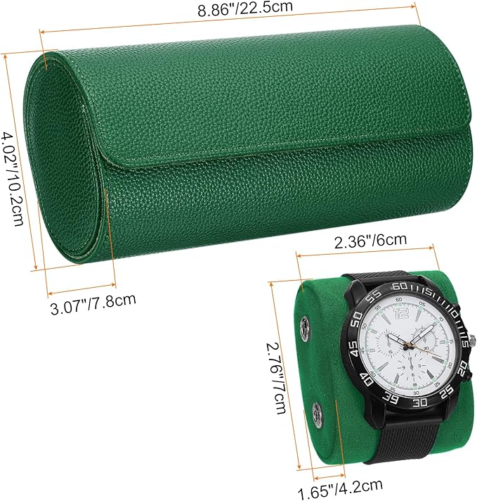 HARFINGTON Watch Roll Travel Case 3 Slot Portable Leather Watch Case for Men and Women, Watches Storage Organizer with Removable Pillow for Traveling, Display, Textured Dark Green