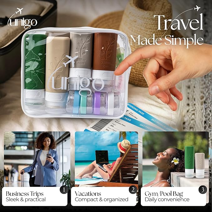 Unigo 30pack Full Set TSA Approved Travel Bottles, Travel Size Containers for Toiletries, Refillable Leakproof Travel Shampoo and Conditioner Bottles, Toiletry Containers,Extra Bottle Sleeves, (C set)