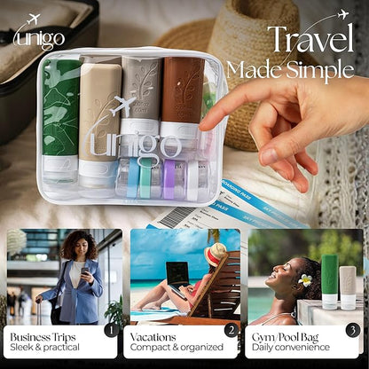 Unigo 30pack Full Set TSA Approved Travel Bottles, Travel Size Containers for Toiletries, Refillable Leakproof Travel Shampoo and Conditioner Bottles, Toiletry Containers,Extra Bottle Sleeves, (C set)