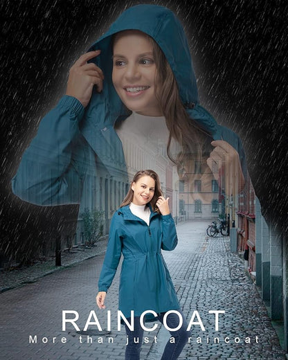 33,000ft Women's Waterproof Long Rain Coats Packable Rain Jacket with Hood Trench Coats Windbreaker