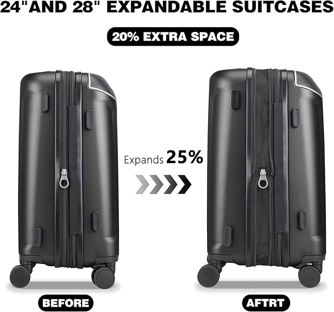 Luggage Sets 3 Piece with Cup Holder & USB Port, Expandable PC Hardside Durable Suitcases with Spinner Wheels & TSA Lock, 20/24/28 Inch, Black