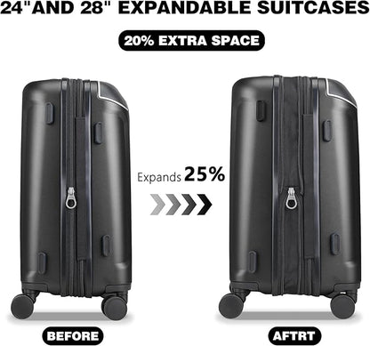 Luggage Sets 3 Piece with Cup Holder & USB Port, Expandable PC Hardside Durable Suitcases with Spinner Wheels & TSA Lock, 20/24/28 Inch, Black
