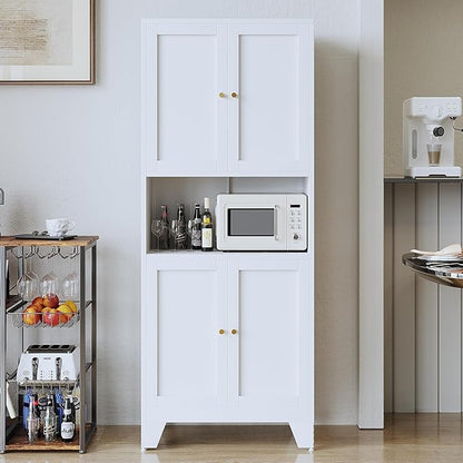 69" Tall Metal Kitchen Pantry Storage Cabinet with Microwave Stand | White | Modern Freestanding Food Buffet Cabinet | Kitchen Hutch | Coffee Bar Hutch for Dining & Living Room