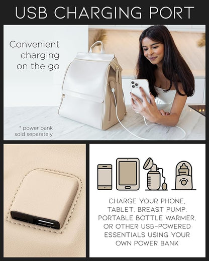 MIA + SOPHIA Leather Diaper Bag Backpack with USB Charging port, Changing Pad, Stroller Straps, and Bottle Holder(Beige Sophia)