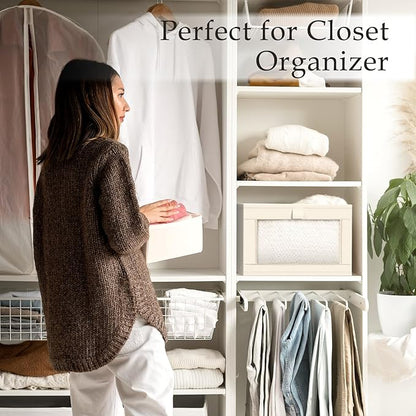 Criusia Closet Organizers and Storage, 4 Pack Linen Closet Baskets with Mesh Window for Organization, Foldable Closet Organizer for Clothing, Towels, Toys, Nursery, Books, Shelves, Beige