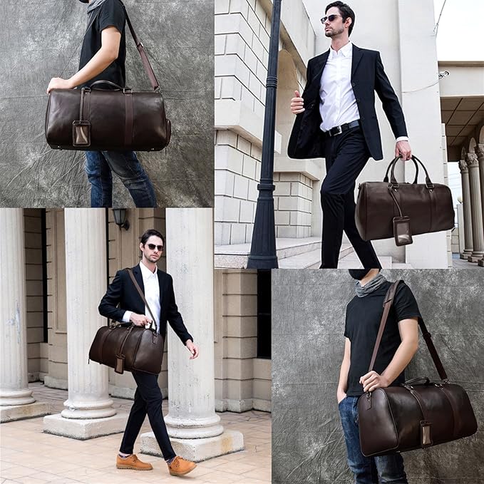 Leather Travel Bag Large Capacity Luggage Duffel Bag with Shoe Compartment, Men Women Weekend Shoulder Handbag for Holiday Business Trip (55cm-Brown)