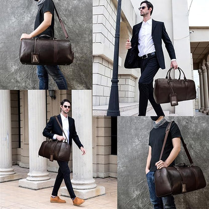Leather Travel Bag Large Capacity Luggage Duffel Bag with Shoe Compartment, Men Women Weekend Shoulder Handbag for Holiday Business Trip (55cm-Brown)
