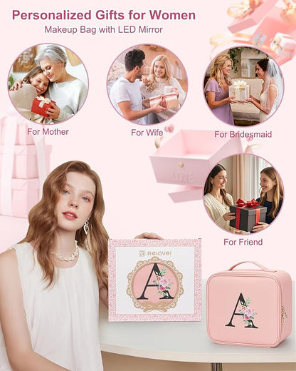 Relavel Initial Makeup Bag with LED Mirror for Women Girls, Personalized Travel Cosmetic Organizer Train Case, Birthday Gifts for Grandkids Bridesmaid Graduation Teacher Friends, Trendy Stuff, Pink F