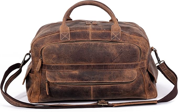 KomalC Leather Travel Duffel Bags for Men and Women - Full Grain Overnight Weekend Sports Gym Duffle
