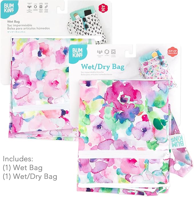Bumkins - Waterproof Wet and Wetdry Bags - For Beach, Baby, Travel, Swim Suit, Cloth Diapers, Pump Parts, Pool, Gym, Toiletries - Reusable & Easy to Clean - Watercolor Floral - 2 Pack