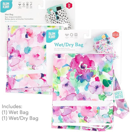 Bumkins - Waterproof Wet and Wetdry Bags - For Beach, Baby, Travel, Swim Suit, Cloth Diapers, Pump Parts, Pool, Gym, Toiletries - Reusable & Easy to Clean - Watercolor Floral - 2 Pack