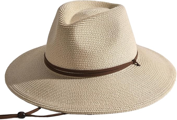 FURTALK Womens Summer Straw Sun Hats Wide Brim Panama Fedora Beach Hat with Wind Lanyard UPF 80+