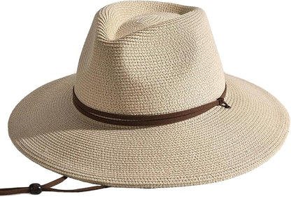 FURTALK Womens Summer Straw Sun Hats Wide Brim Panama Fedora Beach Hat with Wind Lanyard UPF 80+