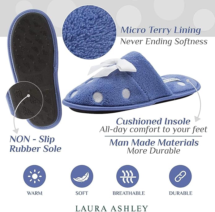 Laura Ashley Ladies Embroidered Soft Terry Scuff Slipper