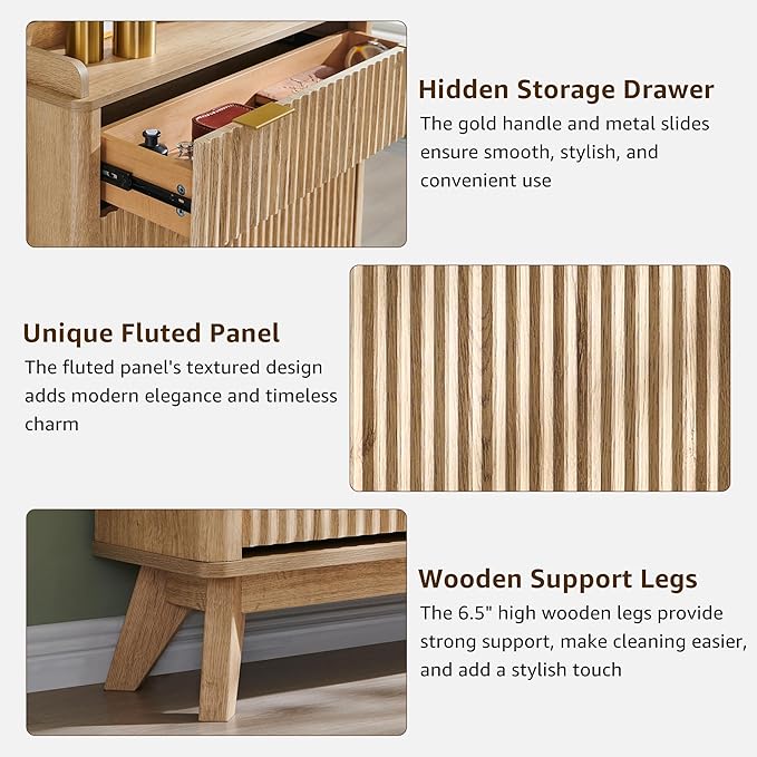 T4TREAM Fluted Shoe Storage Cabinet with 2 Flip Drawers & Top Drawer, 48" Tall Narrow Shoe Organizer, Curved Profile Design, Wooden Shoe Rack for Entryway, Hallway - Natural Oak