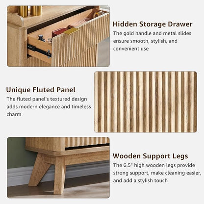 T4TREAM Fluted Shoe Storage Cabinet with 2 Flip Drawers & Top Drawer, 48" Tall Narrow Shoe Organizer, Curved Profile Design, Wooden Shoe Rack for Entryway, Hallway - Natural Oak
