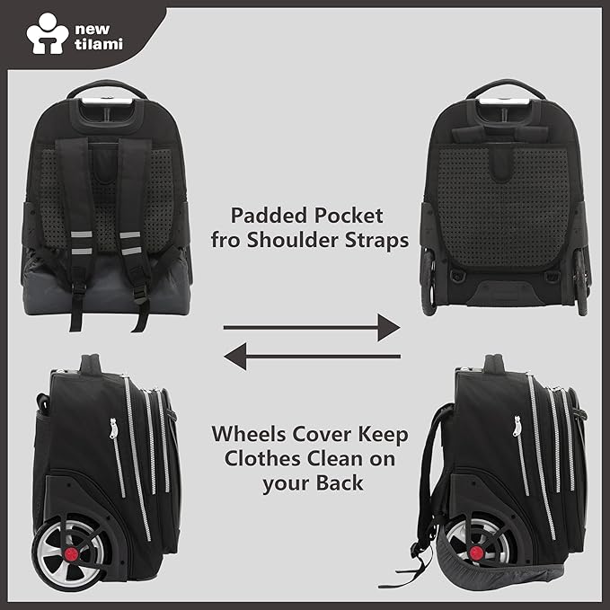 NEW TILAMI 20" Rolling Backpack for Teens Adults, Climbing Stairs Waterproof Backpack with Wheels for School Business Trave Camping with Laptop Compartment, Fit 17 Inch Laptop, Black
